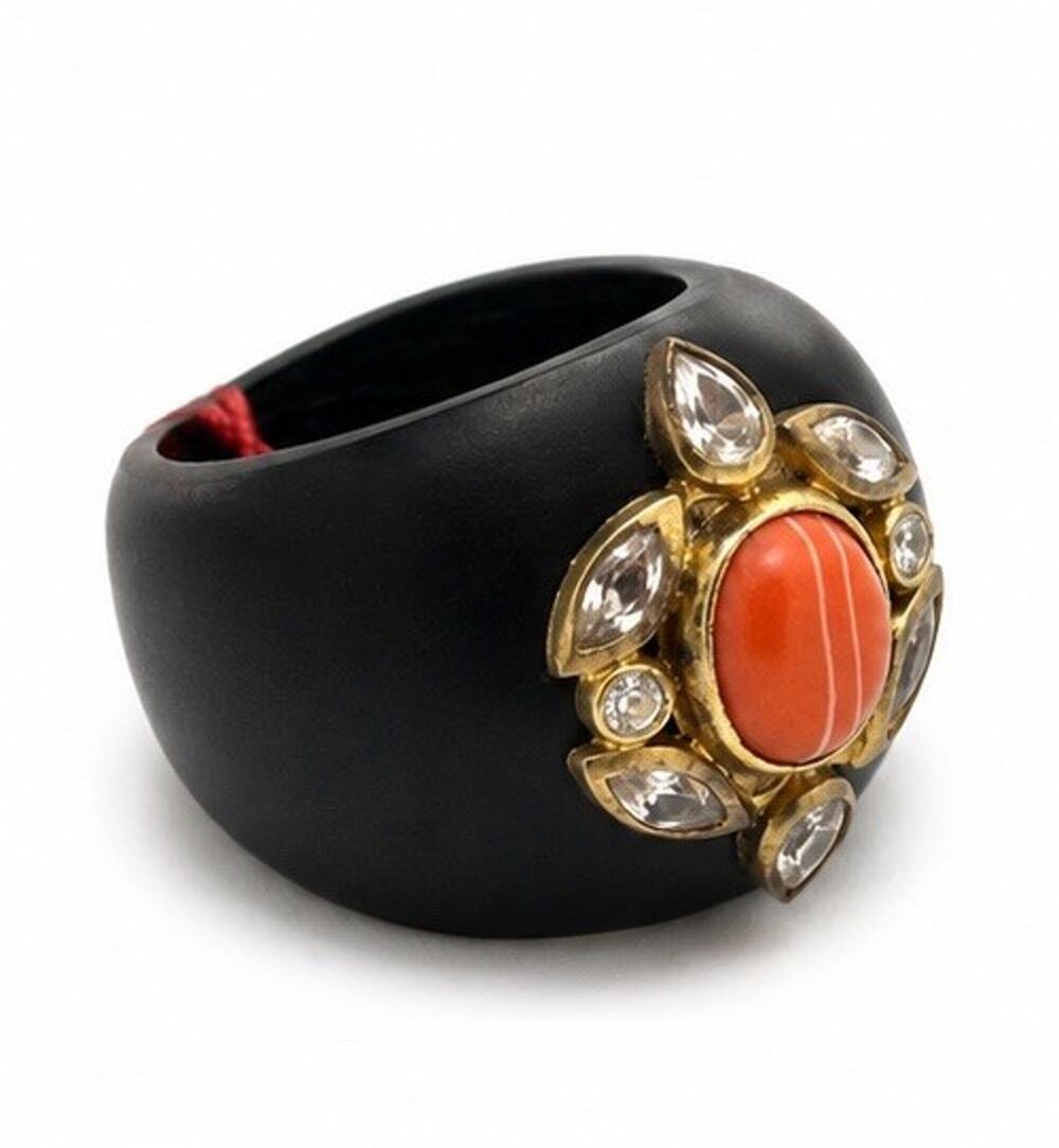 MELA ARTISANS BLACK WOOD CORAL STATEMENT RING SIZE 7-8 HANDMADE INDIA